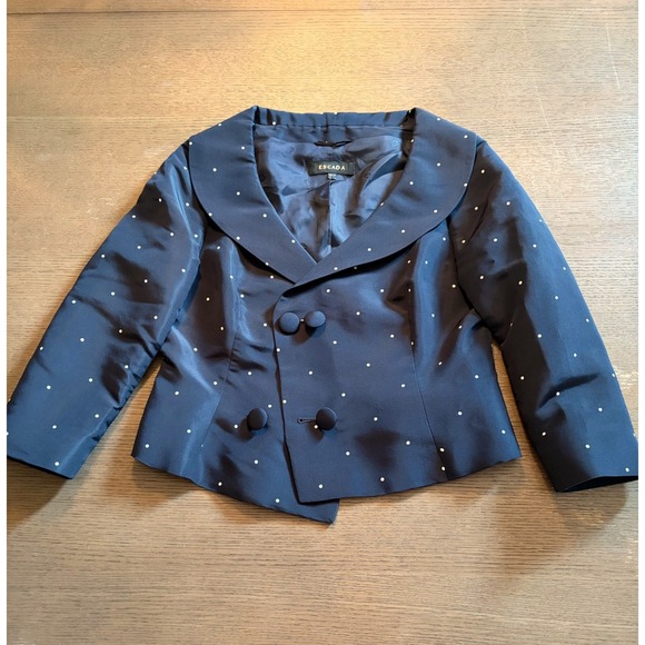 Escada Jackets & Blazers - Escada Navy Blue Polka Dot Silk‎ Blend Double Breasted Shawl Collar Jacket 38